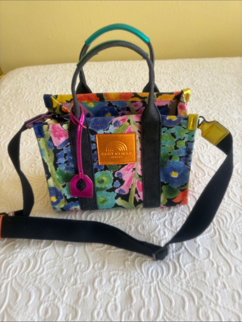 Kurt Geiger Multicolor Floral Canvas Crossbody with Black Trim